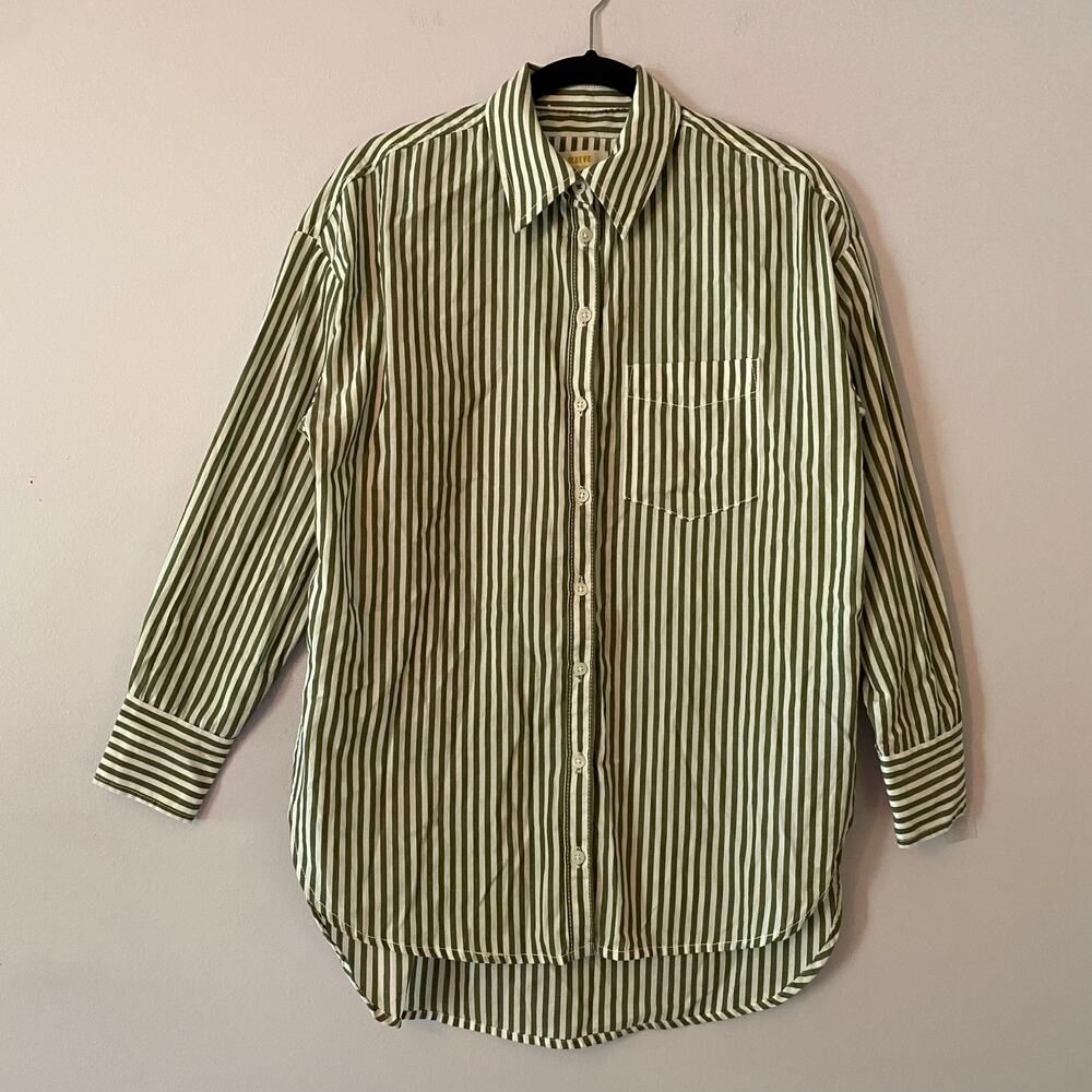 NWT Maeve Anthropologie Green White Stripe Long Sleeve Shirt Preppy Women's XS